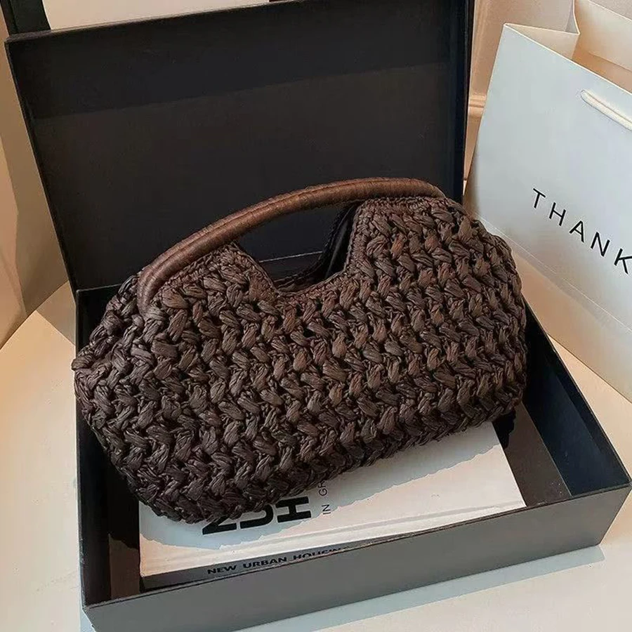 Natural Fiber Snap Clutch Bag,Spanish Seaside Women's Straw Woven Handbag,Summer Beach Travel Vacation Evening Elegant Purse