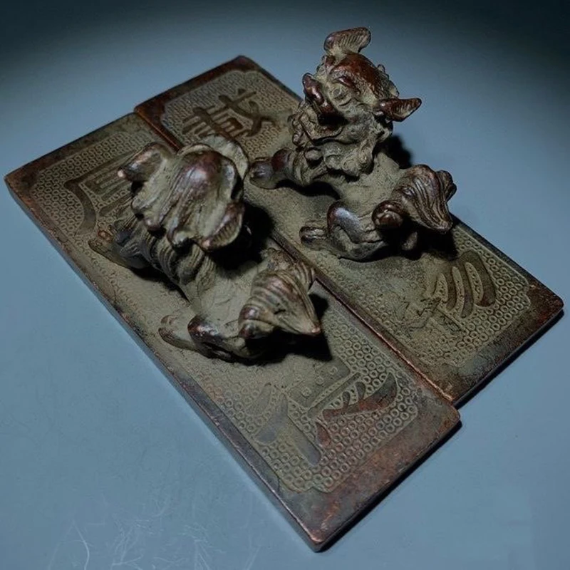 Vintage Brass Lion Paperweight Pair Engraved Chinese Bronze Ware Calligraphy Desk Decor Antique Collectible