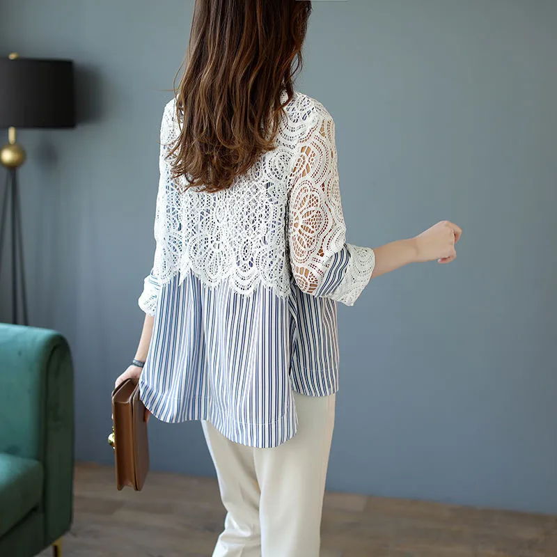 Spring Autumn New Korean Version Loose Stitching Cutout Lace Long Sleeves Women\'s Shirt Fake Two Leisure Printing Crew Neck Top