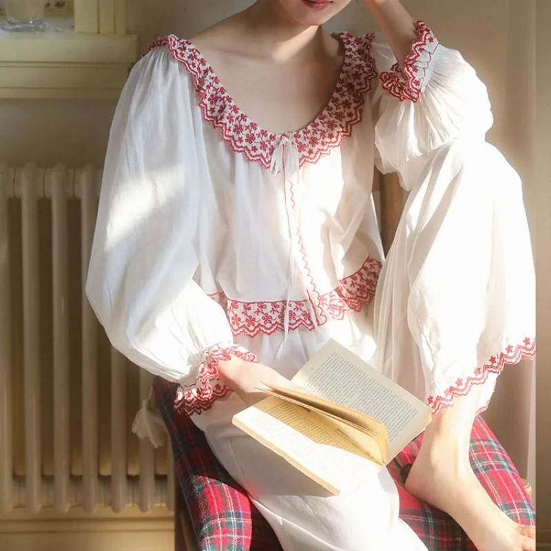 Women's Vintage Cottagecore Pajama Set. Romantic Embroidered Lace Trim Loungewear. Soft White Cotton Boho Sleepwear for Home