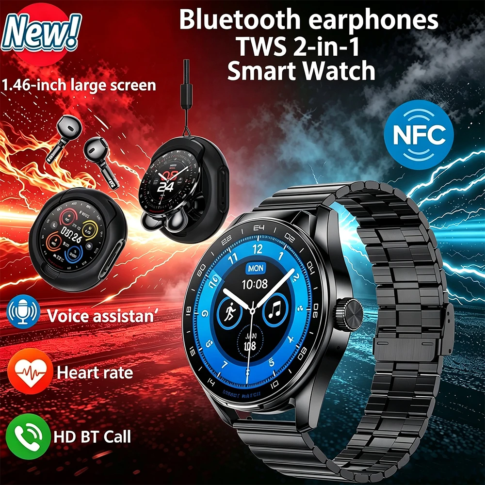 2026 New TWS 2-in-1 Smart Watch Earphones with Heart Rate Sleep Monitoring Music Player NFC IP67 Waterproof Exercise Smartwatch