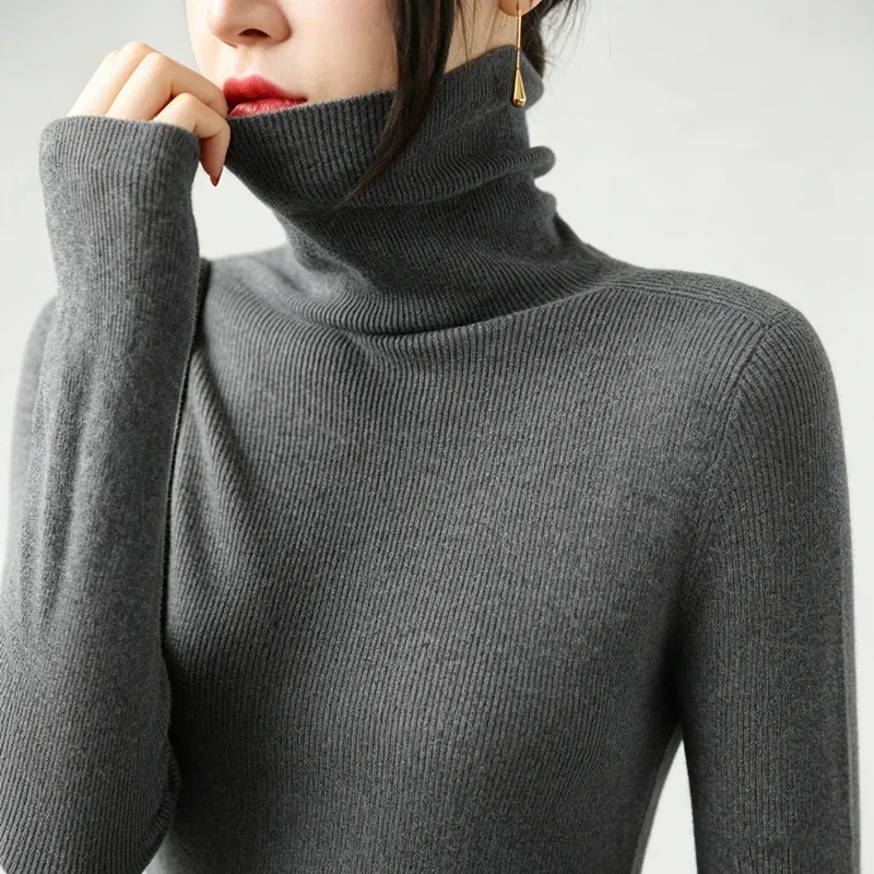 zjaiss Women Pullover 2026 Autumn Winter Knit Sweater Slim‑Fit Roll‑Neck Long Sleeve Sweater Trendy Solid Color Base Jumper