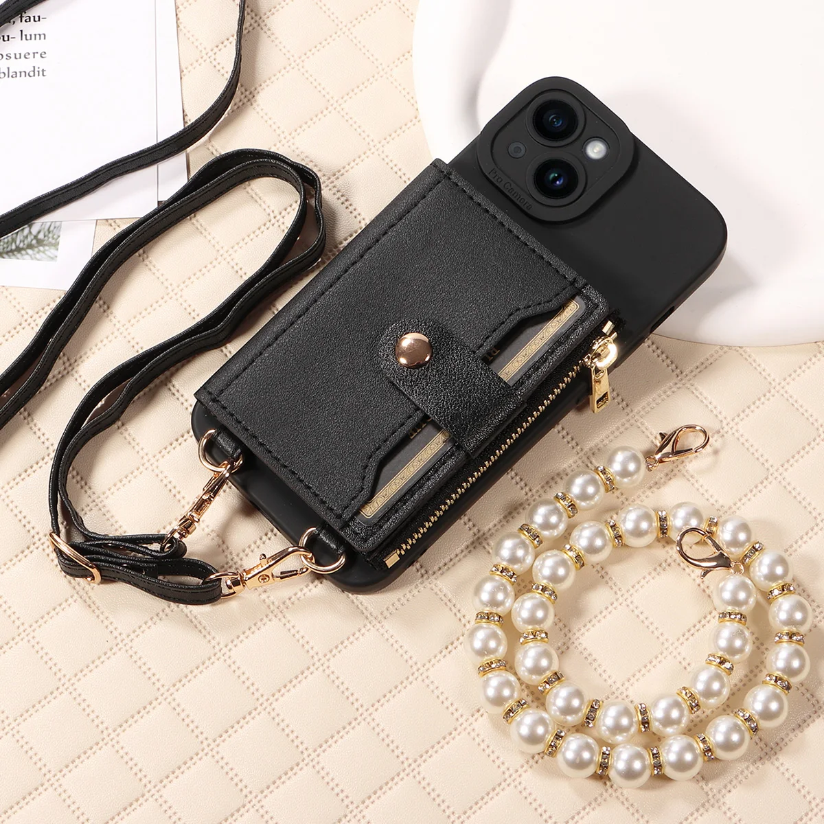 Stylish Mirror Zipper and Pearl Cord Phone Case for IPhone13 12 11 Pro Pro Max Mini 7 Phone Case