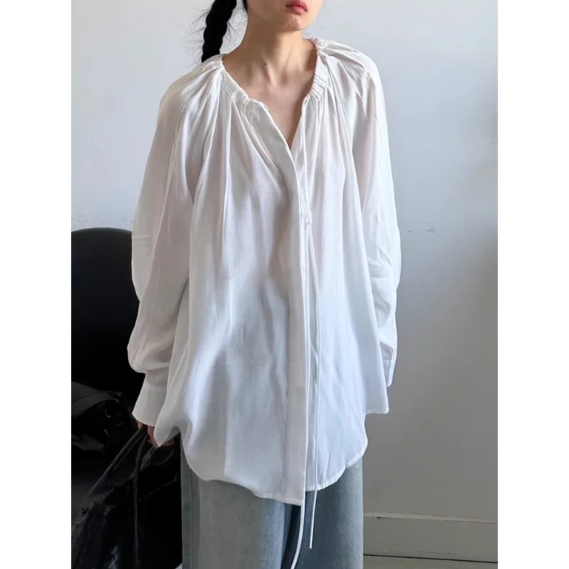

SuperAen Korean Style Designed Thin Long-sleeved Casual Shirt for Women Pleated V-neck Lace-up Shirts