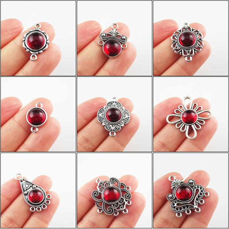 Fashion New Clover Flower Cross Crown Teardrop Charms Connectors 10mm Red Glaze Tibetan Silver Plated Pendants Retro