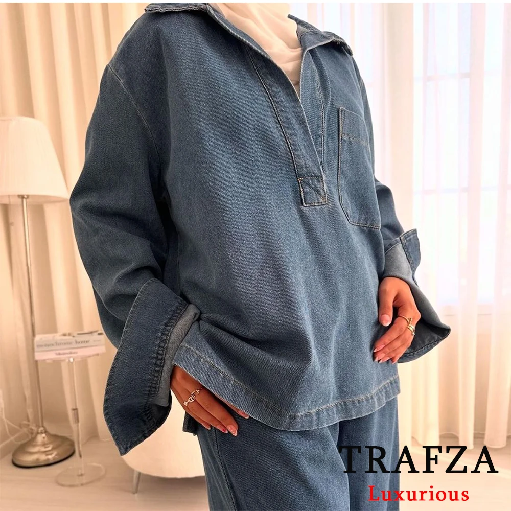 TRAFZA Vintage Casual Denim Chic Women Suit V Neck Long Sleeve Tops+Elastic Straight Pants Fashion 2024 Spring Street Wear Sets