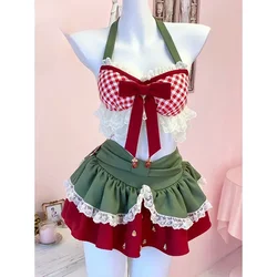 Sweet Lolita Style 2 Piece Set Women Kawaii Bow Lace Halter Neck Crop Tops Mini Cake Skirts Suit Female Korean Y2k Beach Outfits