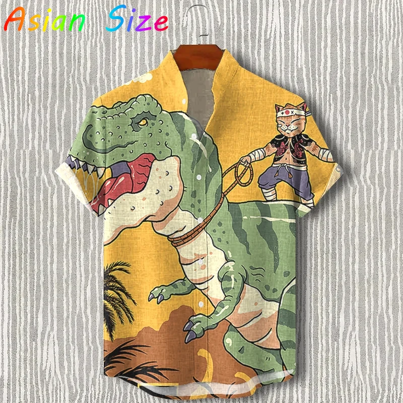 

2026 Trendy Vintage Japanese Cat Rancing Dinosaur Shirts Beach Party 3d Print Hawaiian Shirt Unisex Short Sleeve Blouses Shirts