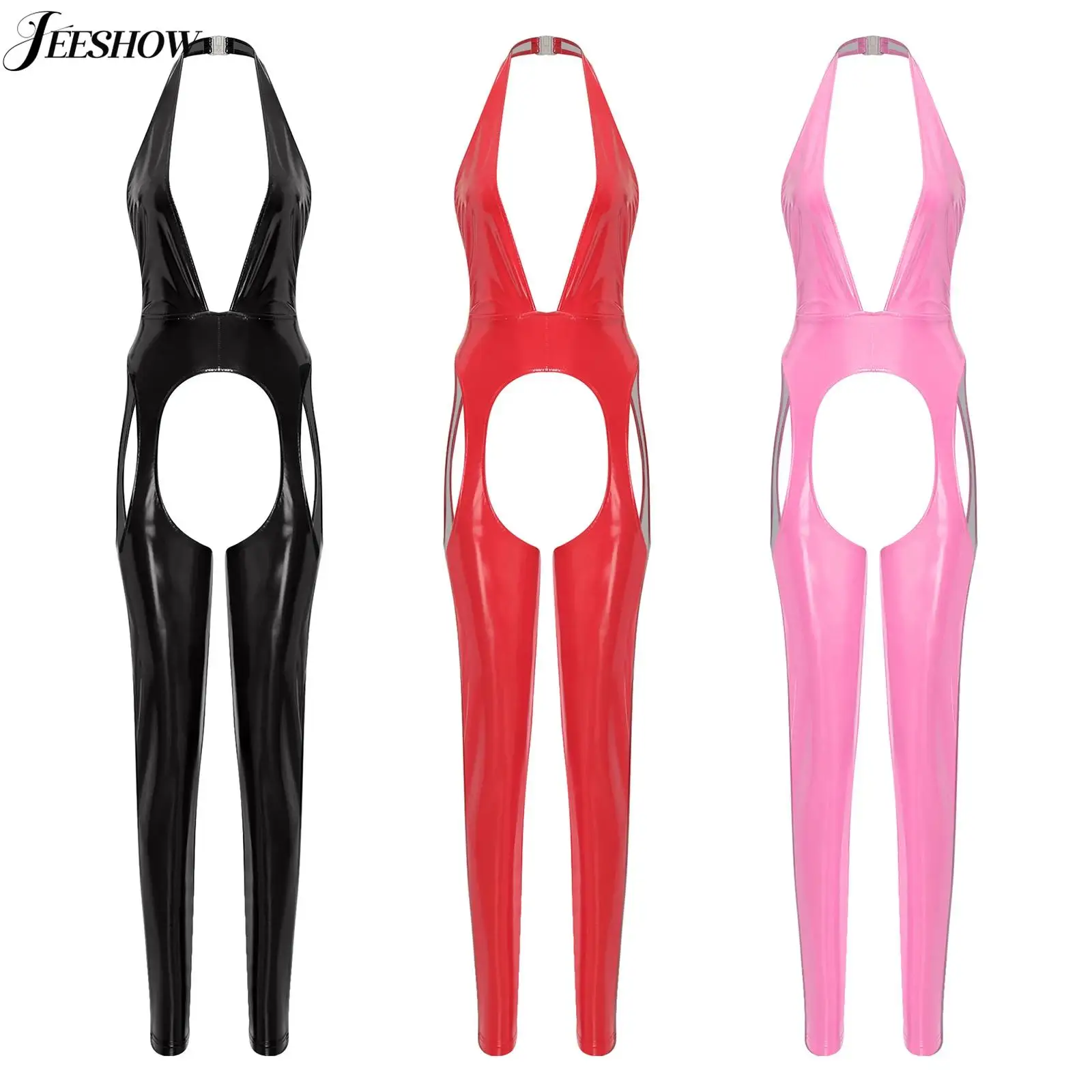 

Womens Patent Leather Hollow Out Catsuit Halter Deep V Neck Open Crotch Lingerie Bodysuit Wet Look Jumpsuit for Nightclub Party