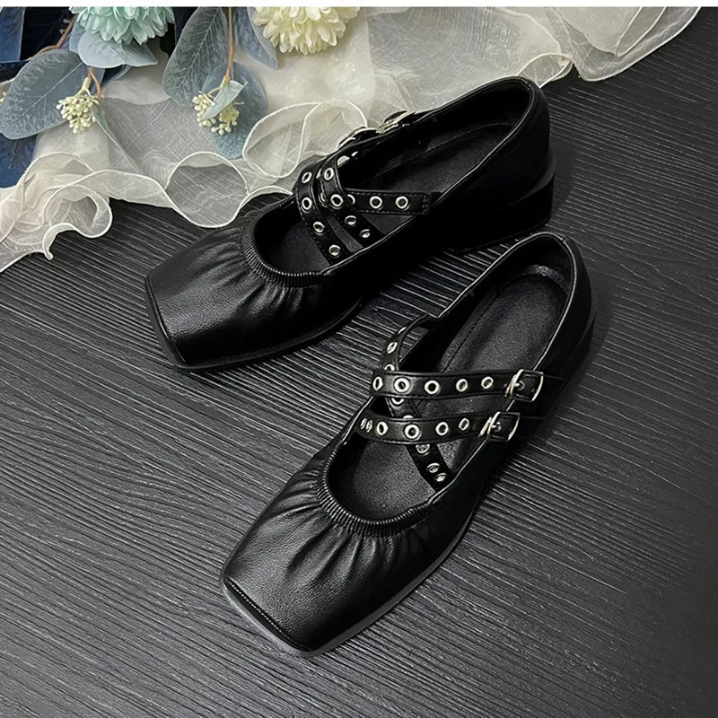 

Fashion Square toe Rivet Cross Strap Mary Janes Women Pumps Spring Autumn Leather 4.5cm Thick Heeled Punk Loafers Girls Shoes