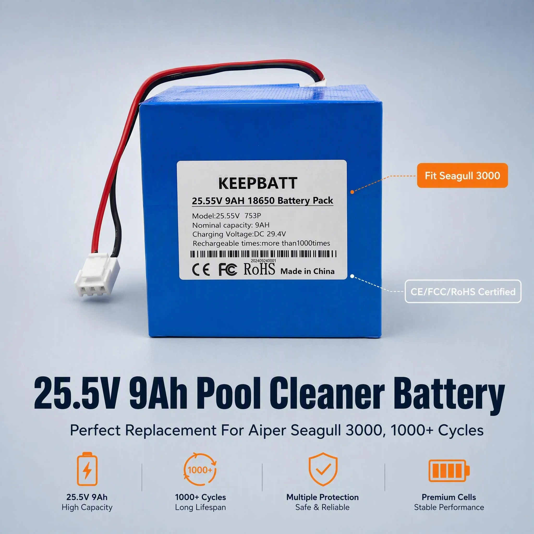 25.5V 9Ah Replacement Battery For Aiper Seagull 3000 Automatic Pool Cleaner Robot Spare Replacement Battery Pack