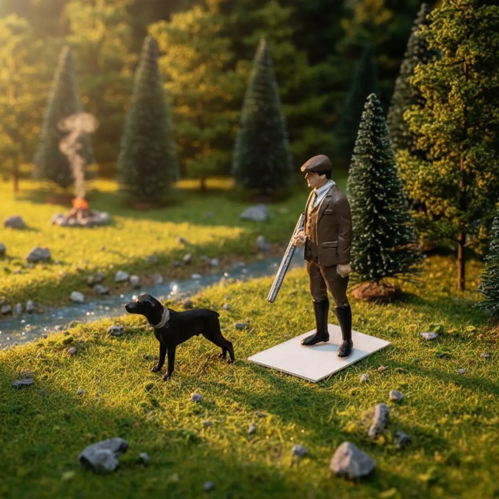 

1:64 Scale Woodsman Figure Realistic Poses Hunting Scene Miniature Woodsman and Dog Figurine Long-Lasting Resin Scene Display