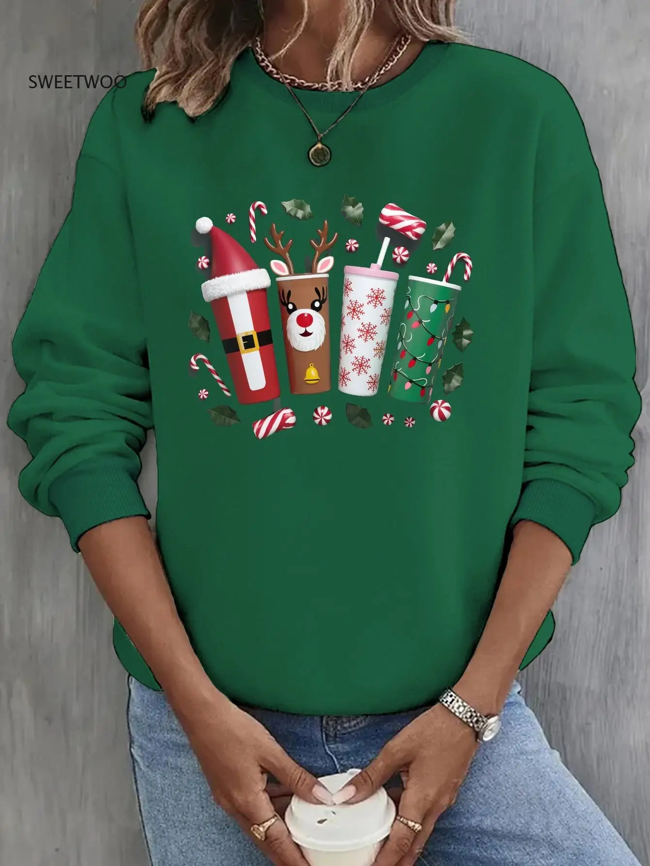 

Holiday Festive Drink Print Sweatshirt, Crew Neck Casual Long Sleeve Sweatshirt, Women's Clothing