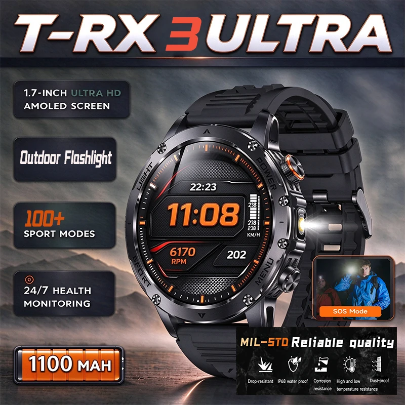 2026 New 1000mAh Battery T-Rex 3 Military Smart Watch IP69K Waterproof GPS HD Bluetooth Call 100+Sports Watch with Flashlight