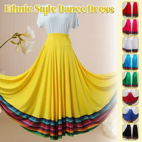 Ethnic Style Dance Half Skirt Rainbow Elastic Big Swing Skirt Modern Dance Ballroom Square Dance Stage Performance Clothes
