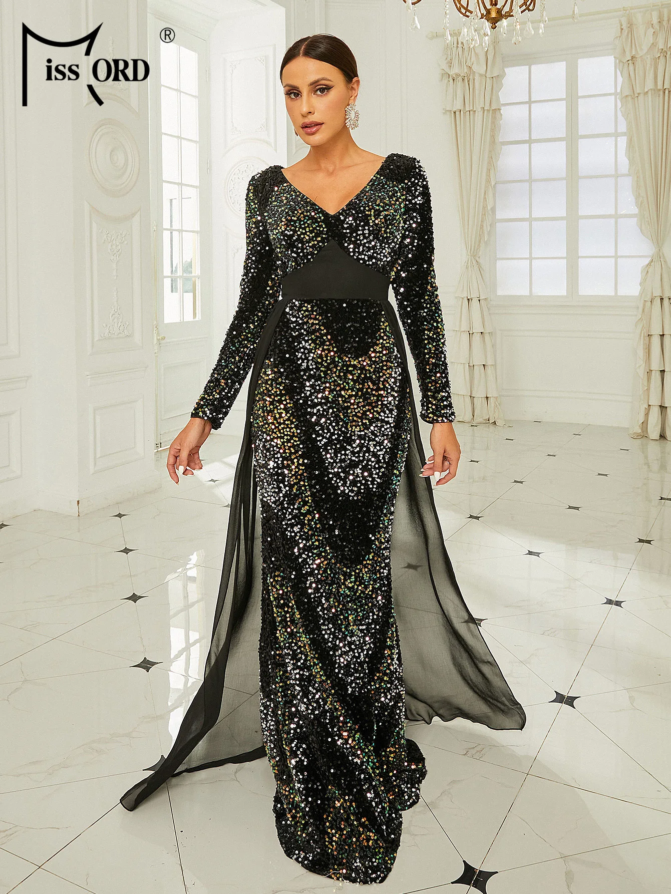 

Missord New Black V Neck Long Sleeve Sequin Panel Mesh Mermaid Evening Formal Occasion Dresses