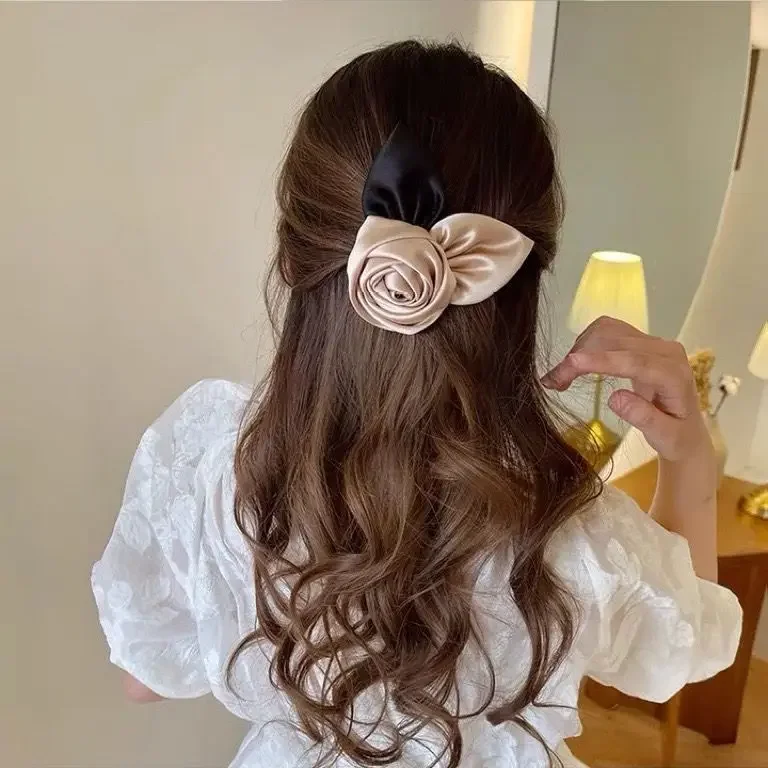 Nowa wstążka kokardka szpilka dla kobiet dziewczynki elegancka róża spinka do włosów Retro nakrycie głowy spinki do włosów powrót głowa Party Vintage akcesoria do włosów — zdjęcie 5