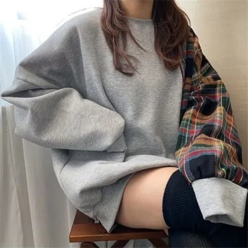 Women Clothing Plaid Patchwork Loose Hoodies Sweatshirts Spring Autumn New Long Sleeve Contrast Street Casual Tops Fashion Trend