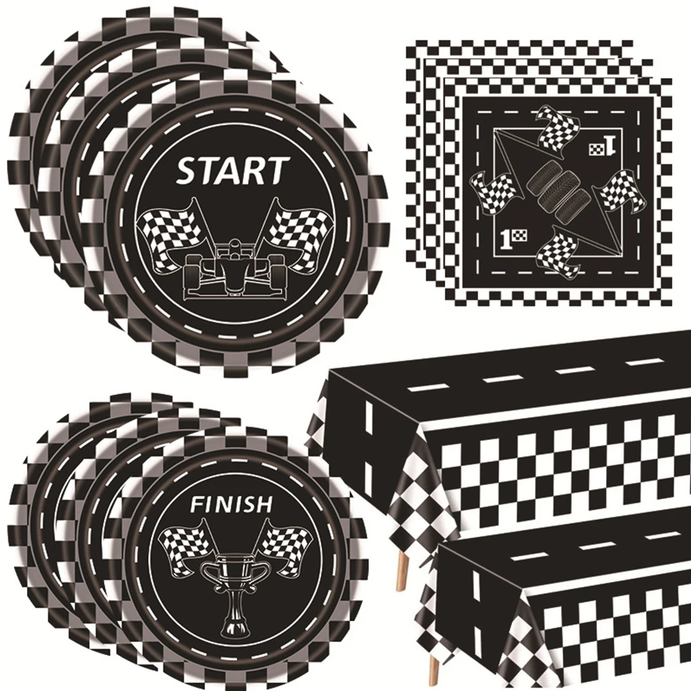 Racing Car Birthday Party Black White Checkered Tableware Pennant Banner for Boys Kids Formula 1 Race Party Decor Favors Gifts