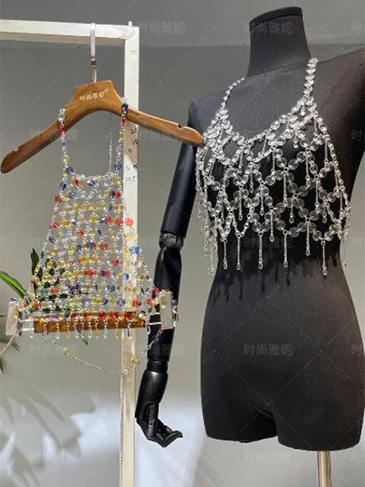 Fashion European American Style Color Drills Chain Hollow Backless Camisole Acrylic Shawl Body Chains Crystal Accessories Slings