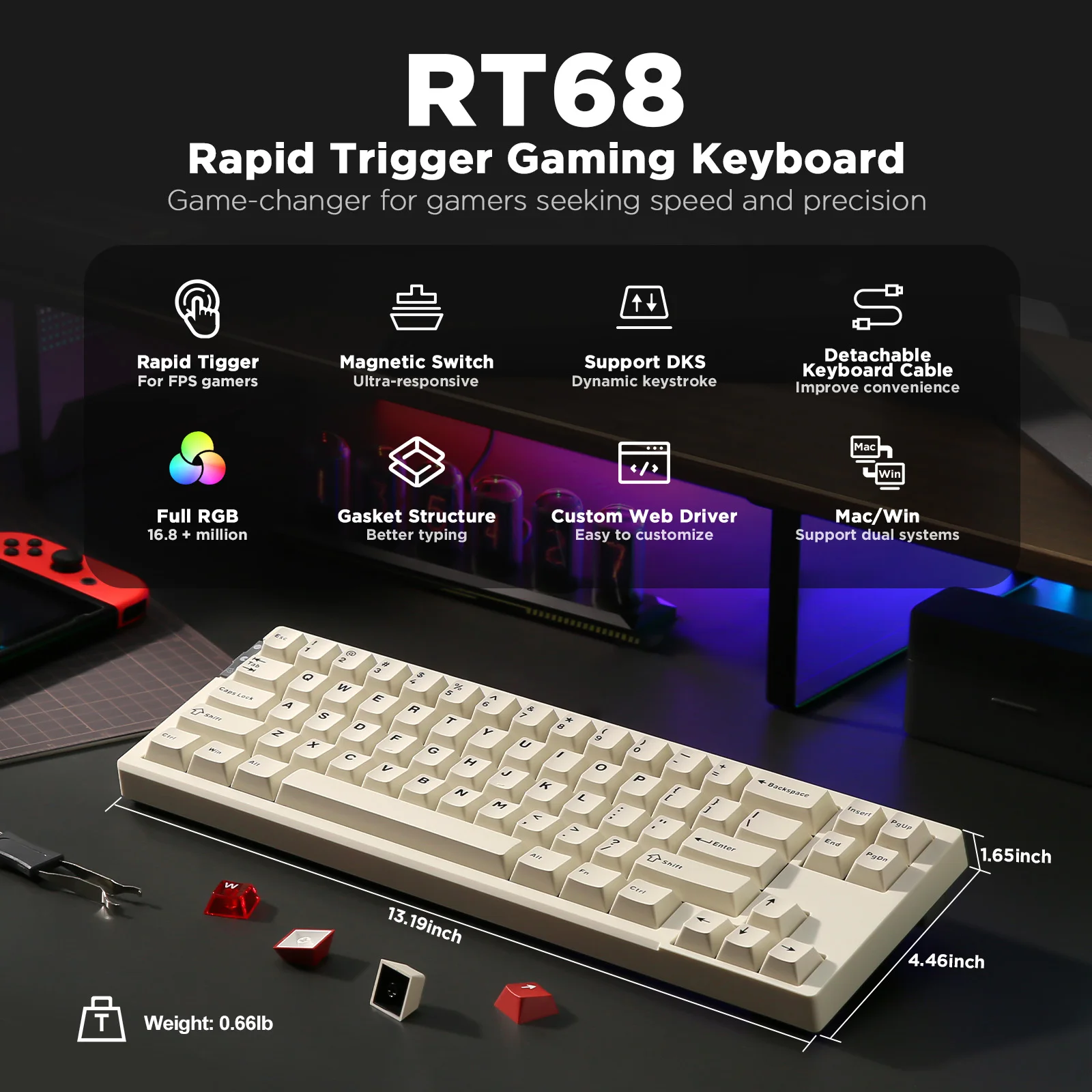 YUNZII RT68 Beige Rapid Trigger RGB Mechanical Gaming Keyboard, Hall Effect Magnetic Switch 68-Key Wired Gasket Mount Keyboard