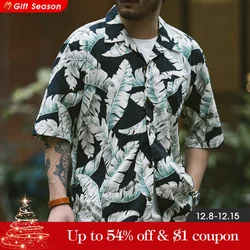 Maden ALOHA Shirts for Men Banana Leaf Print Short Sleeve Men's Beach Vacation Shirt Casual Loose Top Summer Floral Blouses