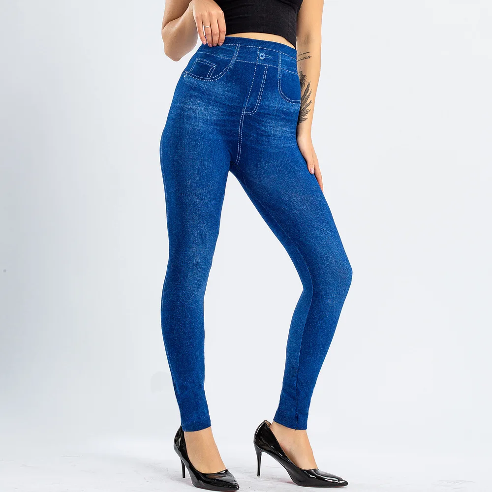 女性のセクシーなシームレスレギンス、ハイウエスト、暖かいイミテーションデニム、高弾性デニムタイトパンツ