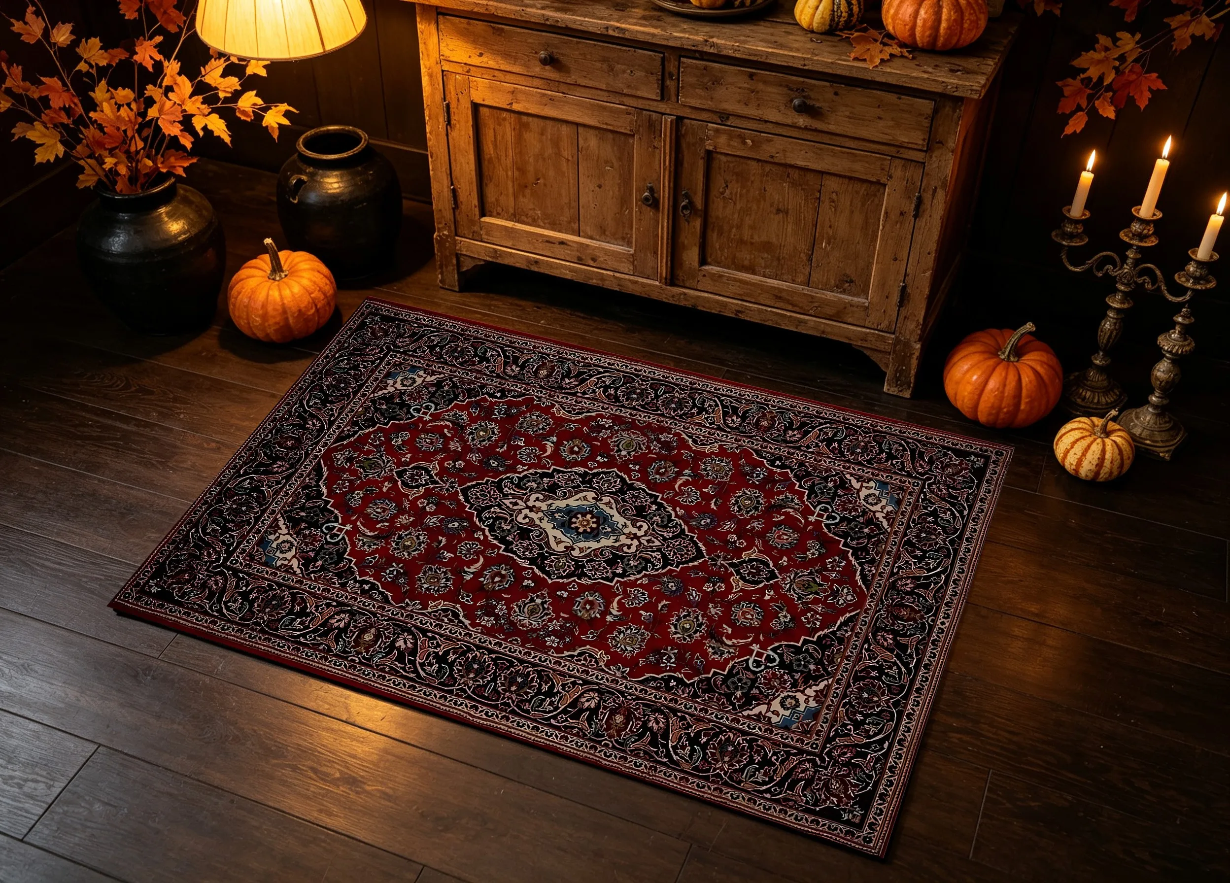 Red Velvet Rug with Diamond-Shaped Floral Persian Pattern, Retro and Exotic Style, Suitable for Christmas and New Year, Living Room, Bedroom, and Entryway, Creating a Warm Autumn/Winter Atmosphere