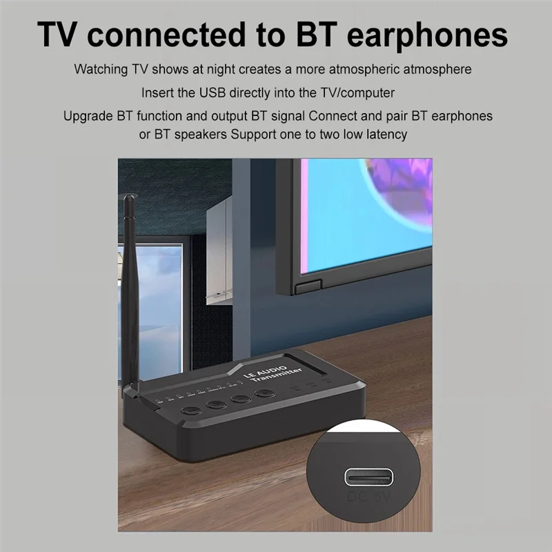 B03B-Wireless LE Audio Adapter Transmitter With Bluetooth 5.3 - 1000MA, DC 5V, USB/AUX/Opt/Coax Features