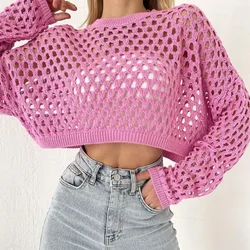 Shirt Women Tops Leisure Crew Neck Summer Crop Top Fishnet Holiday Hollow Out Knit Lazy Long Sleeve Loose Mesh