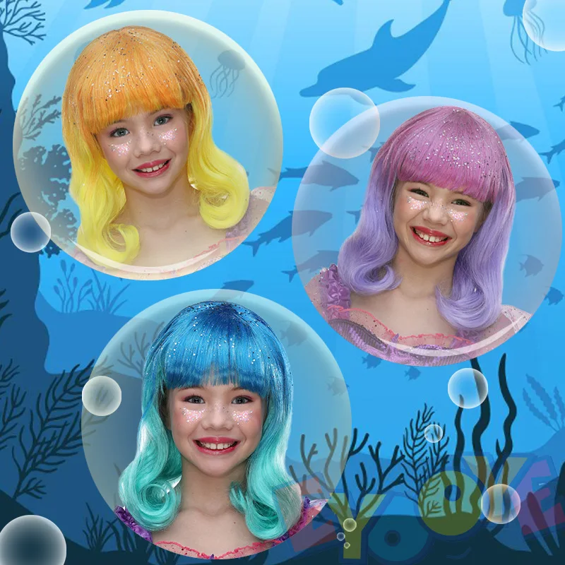 Child Little Mermaid Princess Purple Wig Blue Mermaid Glitter Costume Wig For Girls