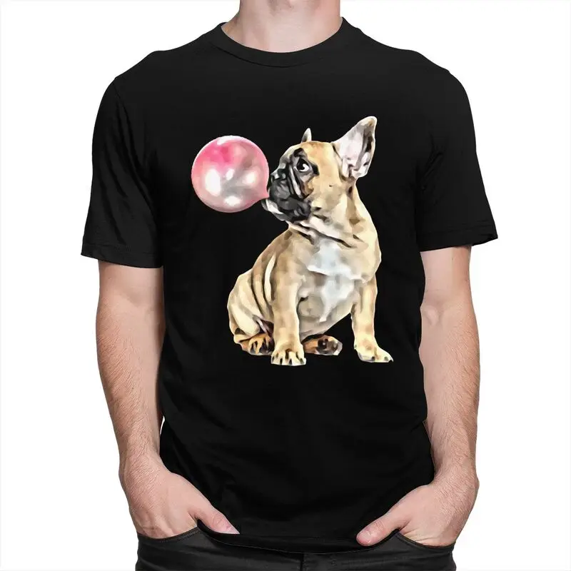 Custom Cute French Bulldog T Shirts for Men 100% Cotton Tee Bubble Gum Tshirt Short Sleeved Fashion T-shirt Clothing