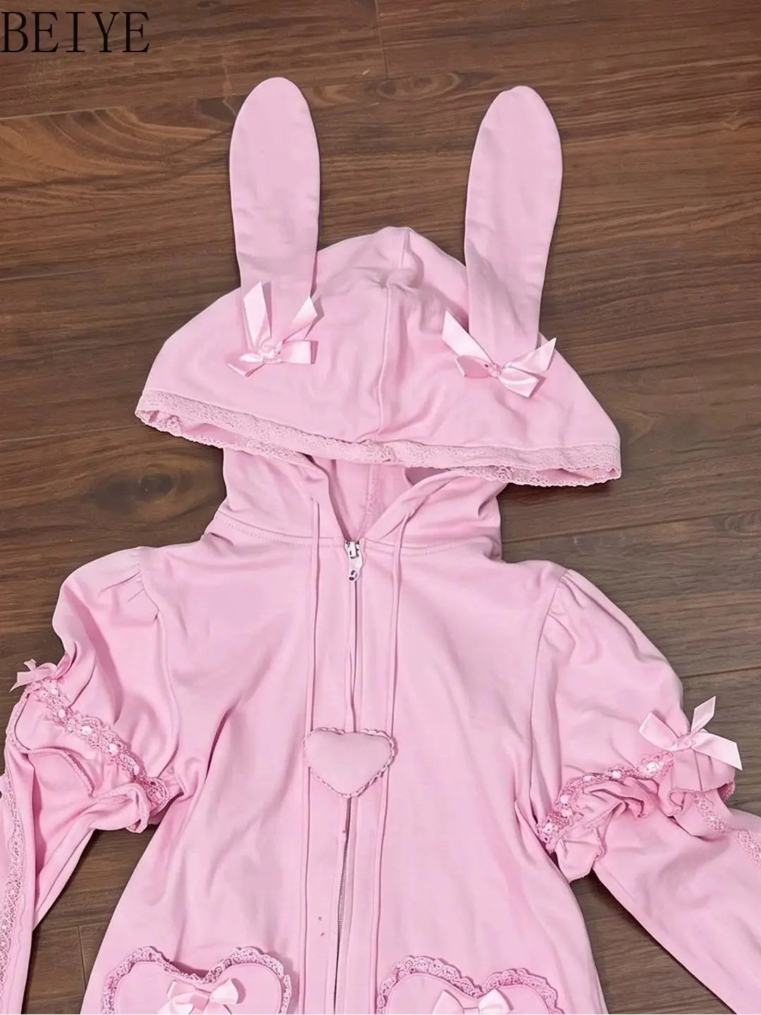 Pink Rabbit Ear Hooded Coat Girl Sweatshirt Spring Autumn Japanese Sweet Cool Love Lace Bow Hooded Cardigan Jacket for Women