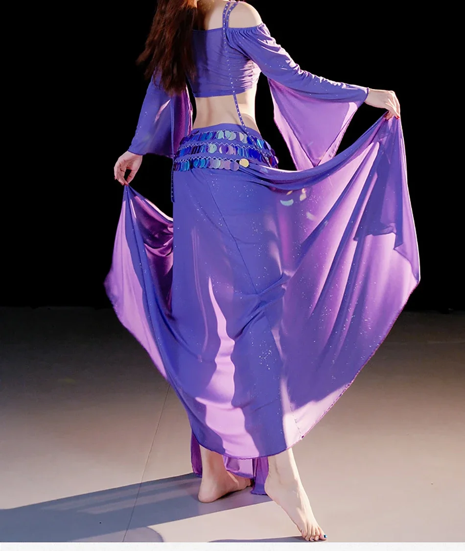 Prestatiekostuums 2-delige set Sexy split-top en rok Volwassen vrouwen Buikdans Show Oefenkleding Danskleding