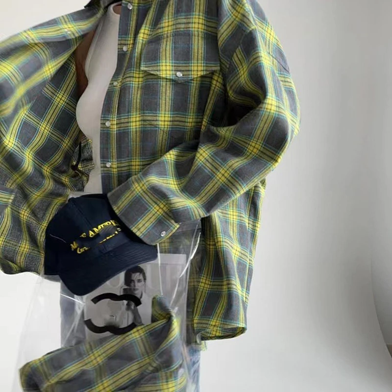 European And American Retro Fashion Women's Lapel Loose Shirt Plaid Long Sleeved Pocket Shirt