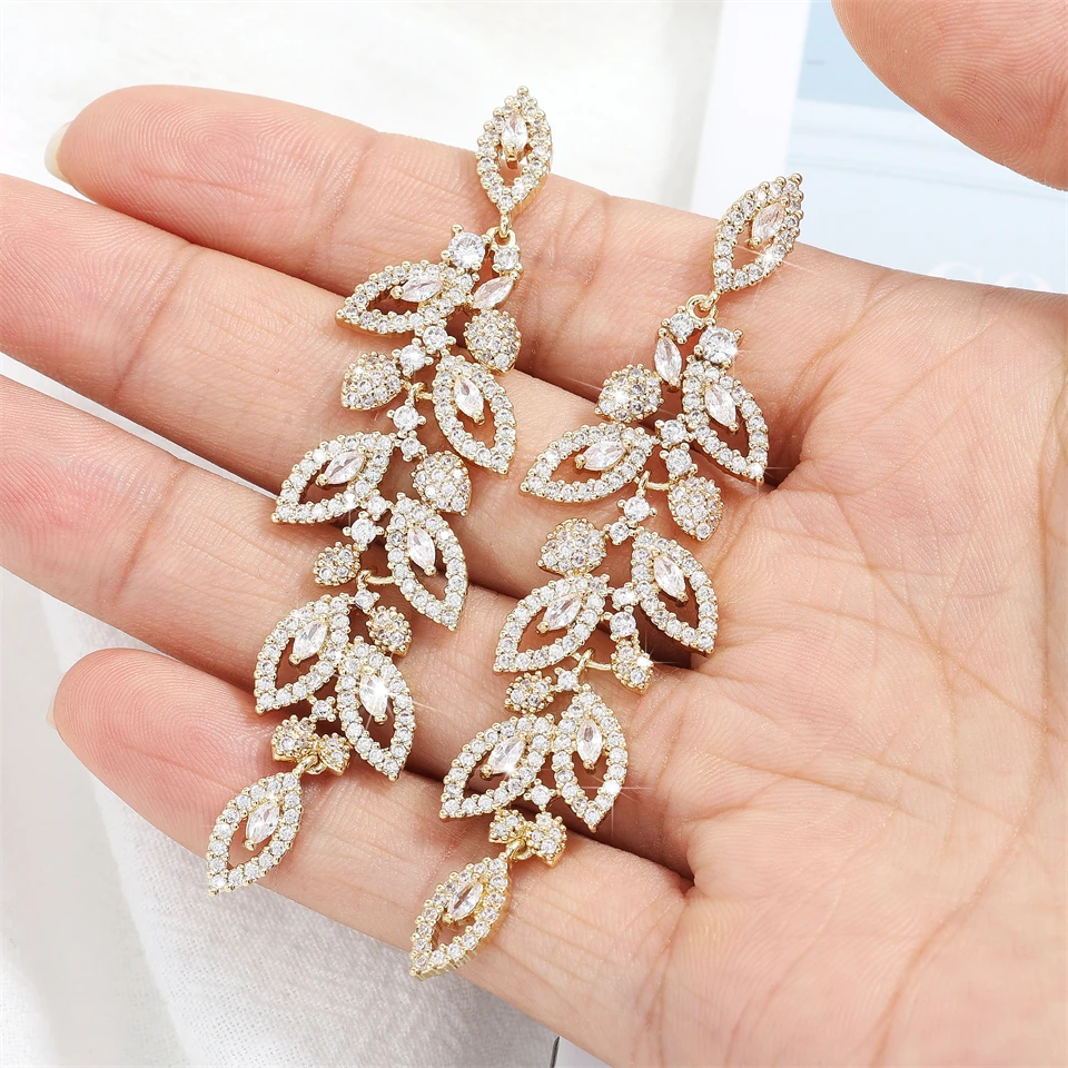 ZAKOL Luxury Shiny Zircon Polish Bridal Wedding Dange Earrings Elegant Marquise Leaf AAA CZ Long Drop Earring Party Jewelry