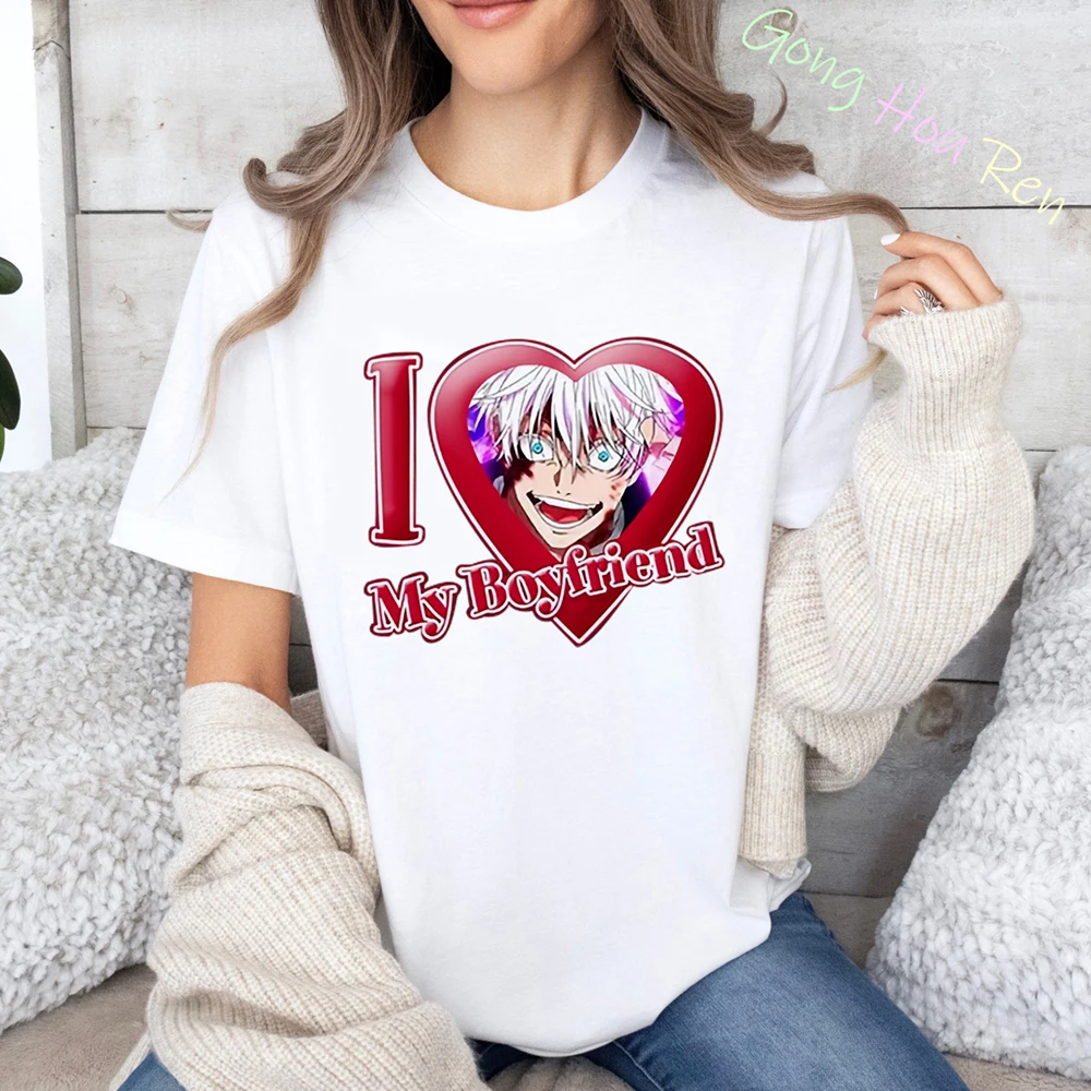 Jujutsu Kaisen japanische Anime T-Shirt Ich liebe meinen Freund Gojo Satoru Print T-Shirt Frauen Mode lässig Sommer Kurzarm T-Shirt