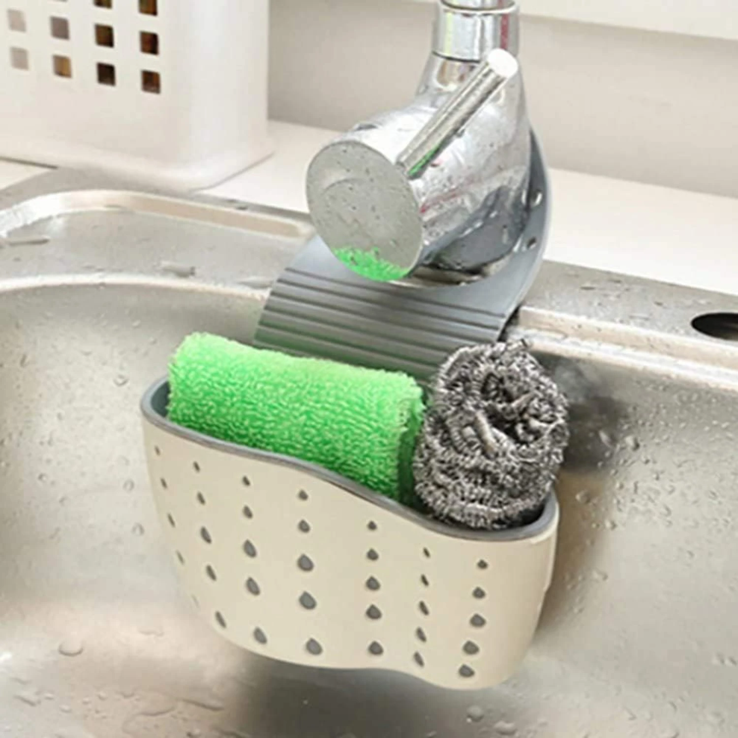 

Streamlined Efficient Beige Double-Decker Kitchen Organizer with Suction Cups for Convenient Organization. Maximize Storage Capa