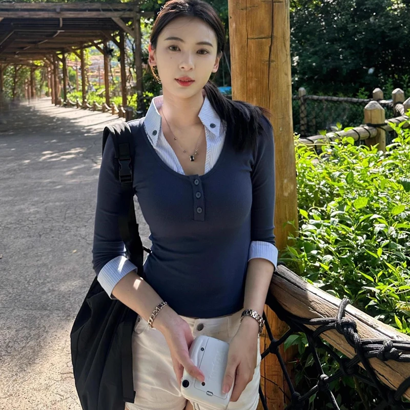 

Women's Button Front Three Quarter Sleeve Slim Fit Top With Shirt Collar And Cuff Detail