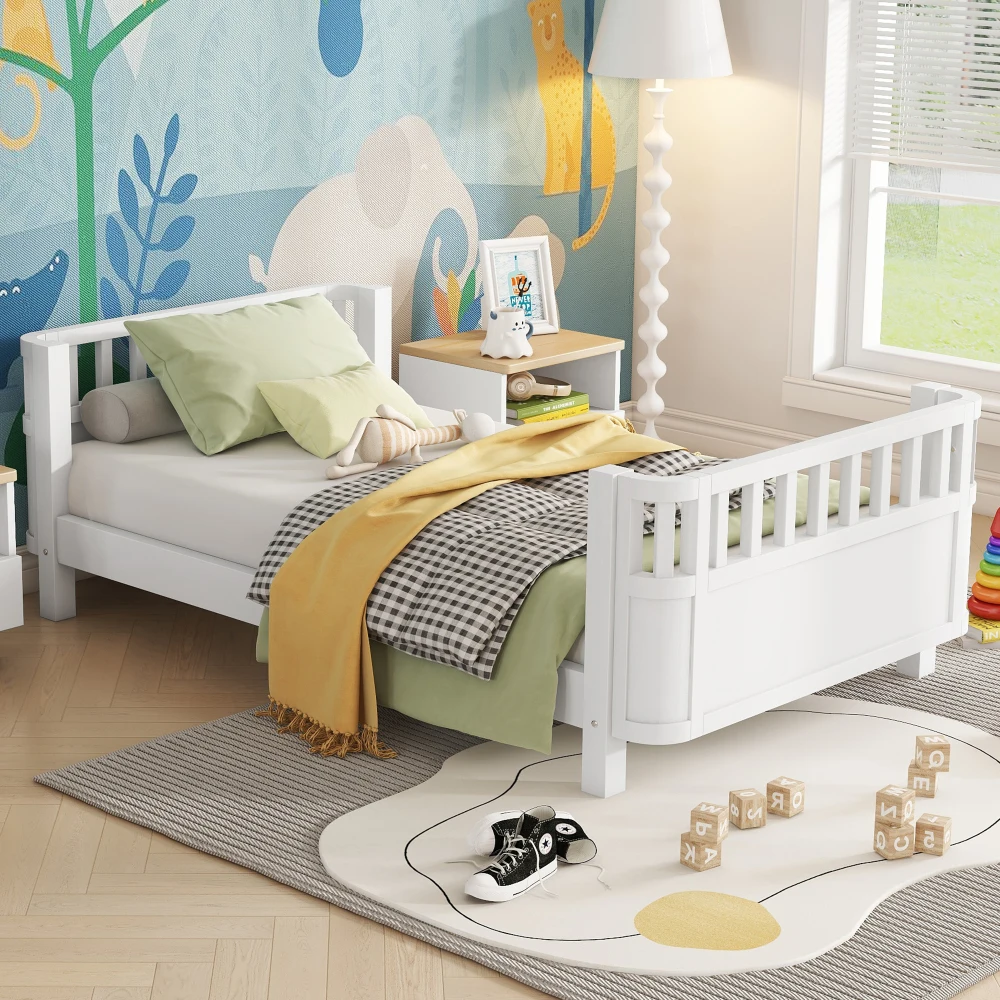 Lit plateforme en bois taille twin pour enfants, lit twin à profil bas en bois avec barrières pour filles et garçons, blanc (design breveté)