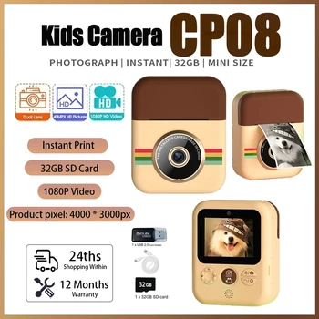 Children&#x27;s Camera Instant Printing CP08 Dual Lens Kids Photo Printing Camera HD Video Recording with Thermal Paper Educational Toys