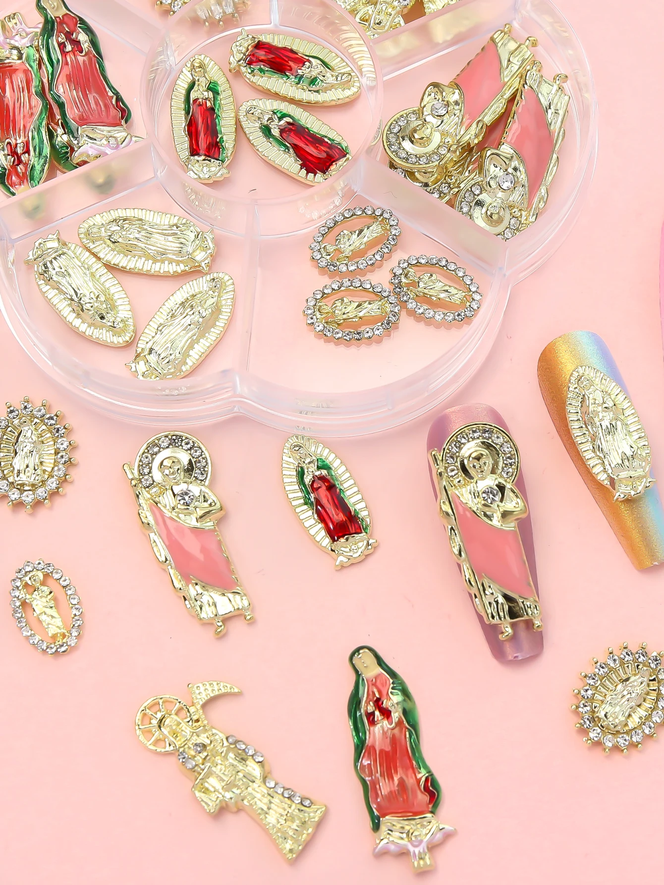 21pcs/Box Alloy Virgin Mary Gemstone Rhinestone Nail Charm Luxury Shiny Crystal 3D Jesus San Judas DIY Manicure Tips Decoration