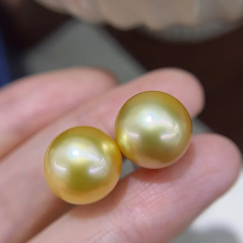 12-13mm Natural Saltwater South Sea Golden Pearl Earrings, 18K Gold Posts Near Round Slight Blemishes, Luxury Pearl Jewelry Gift