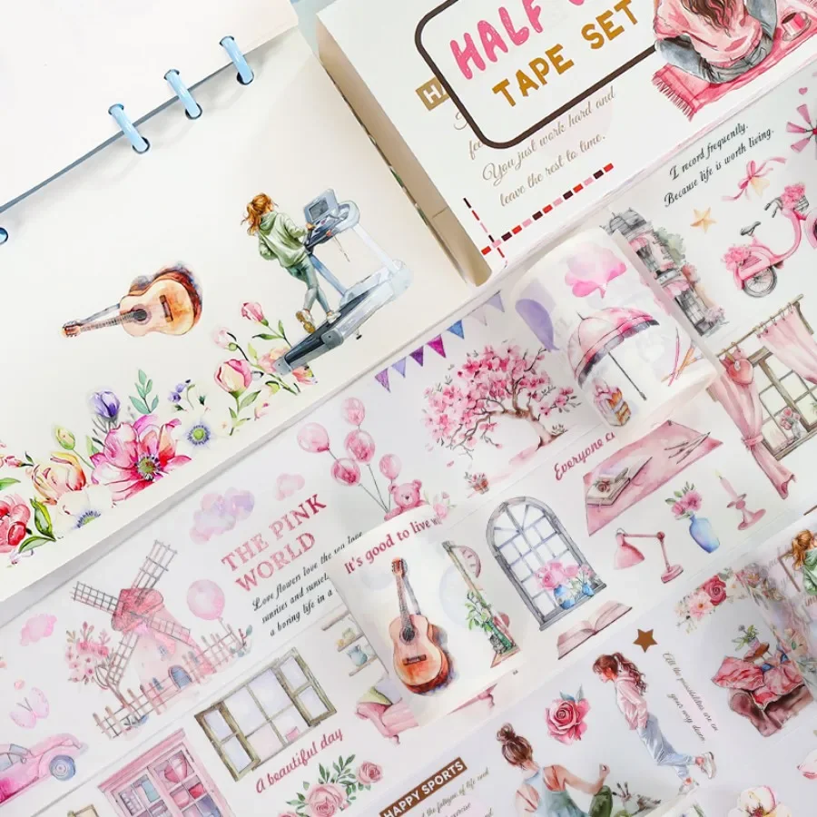 4Pcs Matte Pajama Lady PET Tape PreCut Flower Decorations Transparent Masking Tape for Stickers Scrapbooking Journal Diary Decor