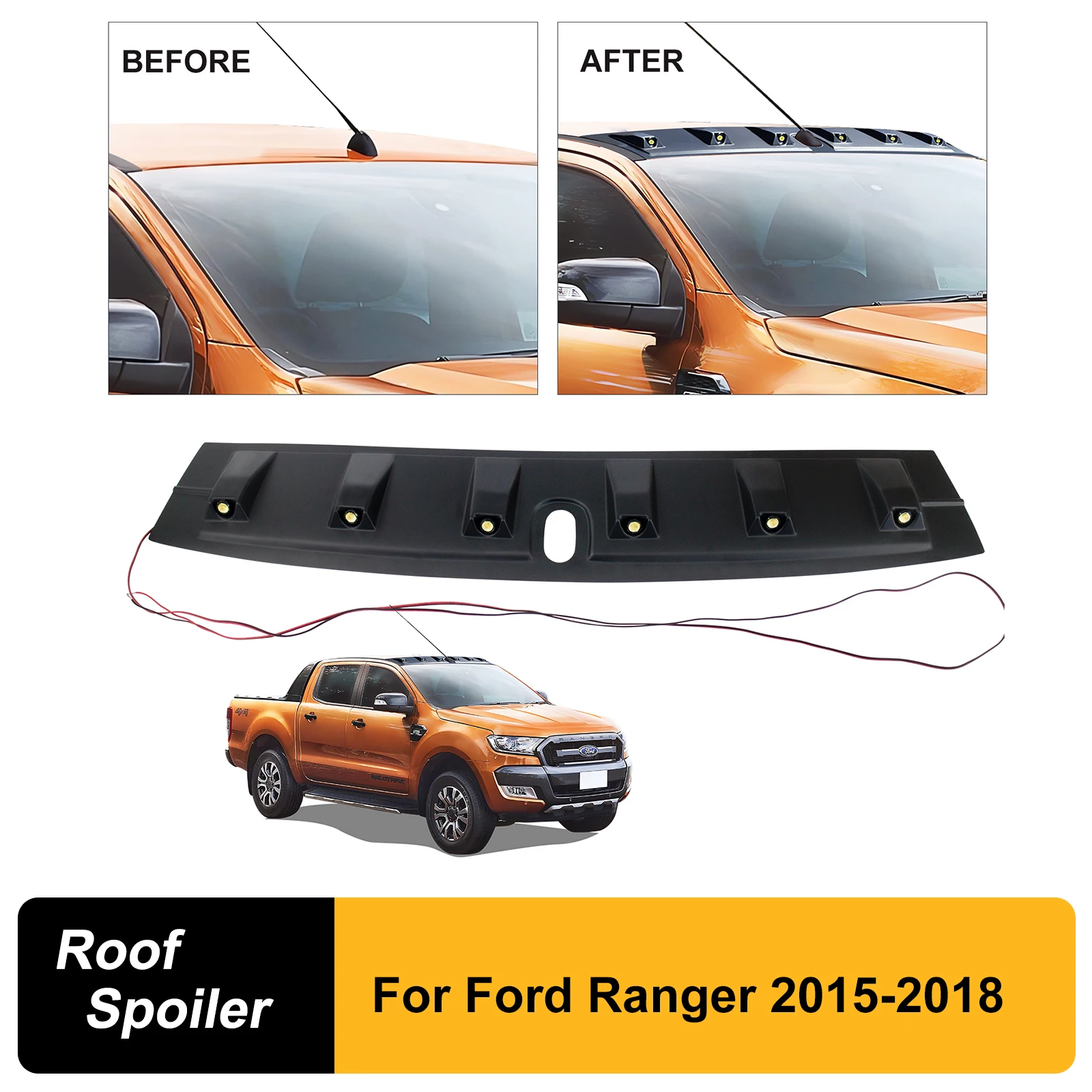 Spoiler de teto com luz frontal led raptor capa de teto para ford ranger wildtrak t8 2015 2017 2018 px2 4x4 acessórios de estilo de carro
