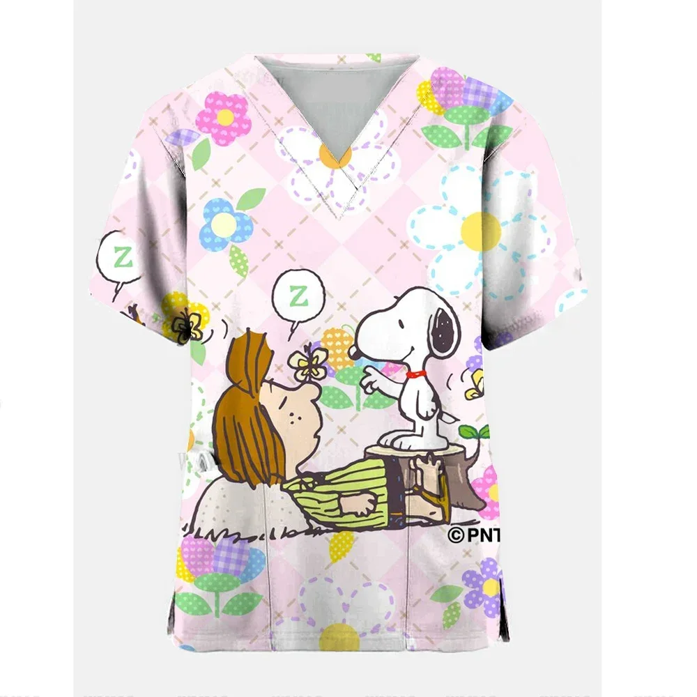 Summer Snoopy Cartoon T-shirt with Women's Pattern Nurse Uniform V-neck Pocket Top  Gradient Girl Fashion  Laboratory Clothing