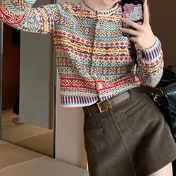 Korean ethnic style colorful floral sweater women's autumn and winter new knitted cardigan paired with casual top cardigan