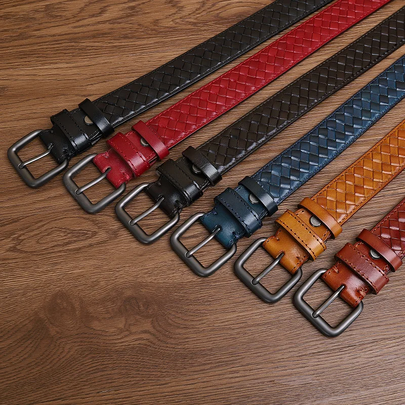 

3.3cm Men Braided Belt Young Style Top Layer of Cowhide Genuine Leather Needle Alloy Buckle Belt Woven Couple's Versatile Belts