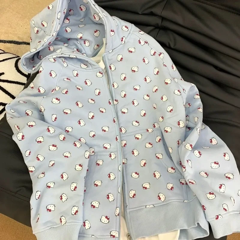 kawaii Hello kitty light blue all over print Hoodie sanrio kitty cute spring and autumn couple\'s cardigan jacket