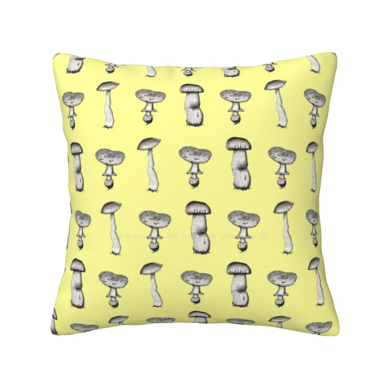 Mushroom Family Home Sofa Car Waist Throw Pillowcase Cute Kawaii Botanical Pencil Drawing Pattern Mushrooms Yellow Pastel